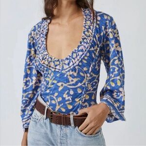 Free People On the Block Bell Sleeve Printed Blouse Blue XS | Boho